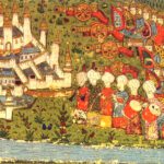 Historical illustration of the Battle of Belgrade in 1456 showing Ottoman soldiers besieging the city with artillery, while the river flows in the foreground.