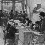 Vintage illustration of voters using the secret ballot system in a polling station.