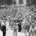 King Abdullah, in white, leaving the Al-Aqsa Mosque compound a few weeks before his assassination, July 1951