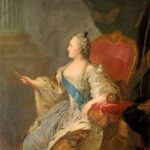 Portrait of Catherine II, Empress of Russia, in royal attire sitting on a throne.