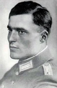 Historical photograph of Colonel Claus von Stauffenberg in military uniform.