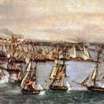 Artistic depiction of U.S. Navy ships arriving in Tripoli in 1801, with sailors preparing for naval operations.