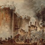 Painting of the storming of the Bastille, showing revolutionaries breaking through a fortress gate with flags waving