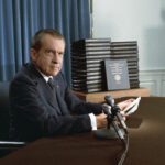 President Richard Nixon delivering his resignation speech from the Oval Office.