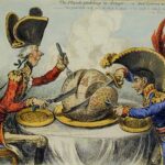 TheThis political cartoon from 1805 appears to be a sardonic commentary on the geopolitical rivalries and power struggles of the Third Coalition, which pitted Britain, France, and other major European powers against one another. The exaggerated depiction of three elaborately dressed military figures dividing up a large "plum-pudding" symbolizes the competing imperial ambitions of these nations as they vied for control and influence over territories, resources, and spheres of power during this period of heightened tensions and conflict. Third Coalition
