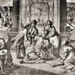 A black and white engraved illustration depicting a historical scene of a large gathering around a central figure.