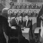 Historical illustration of Robert Emmet standing trial before British authorities.